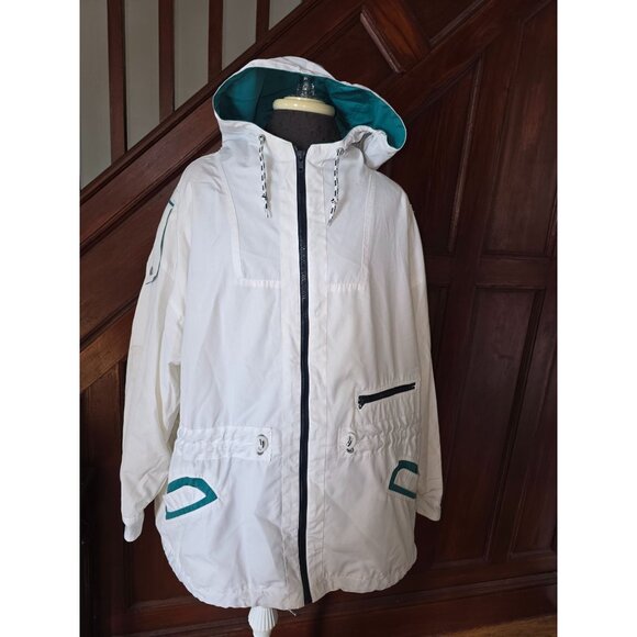 Mulberry Street Womens 2X White Hooded Jacket With Teal Accents & Zip Pockets - Picture 1 of 12